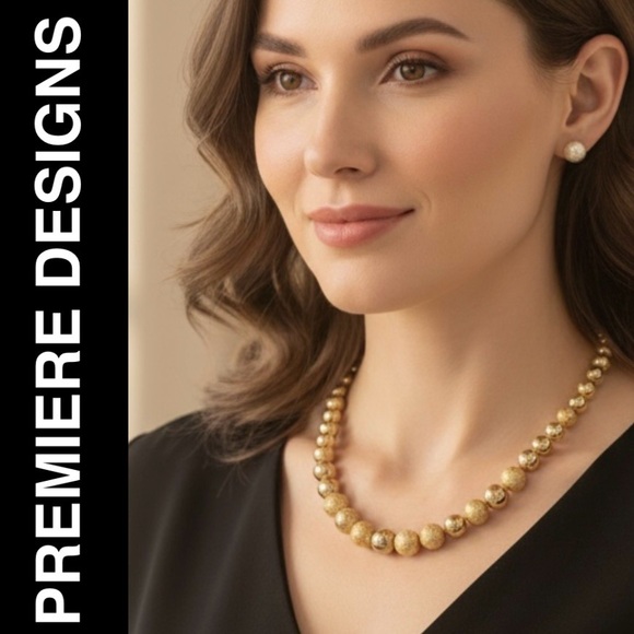 Premier Designs Jewelry - Premiere Designs Textured Gold Bead 16”L Graduated Necklace & Stud Earrings Set